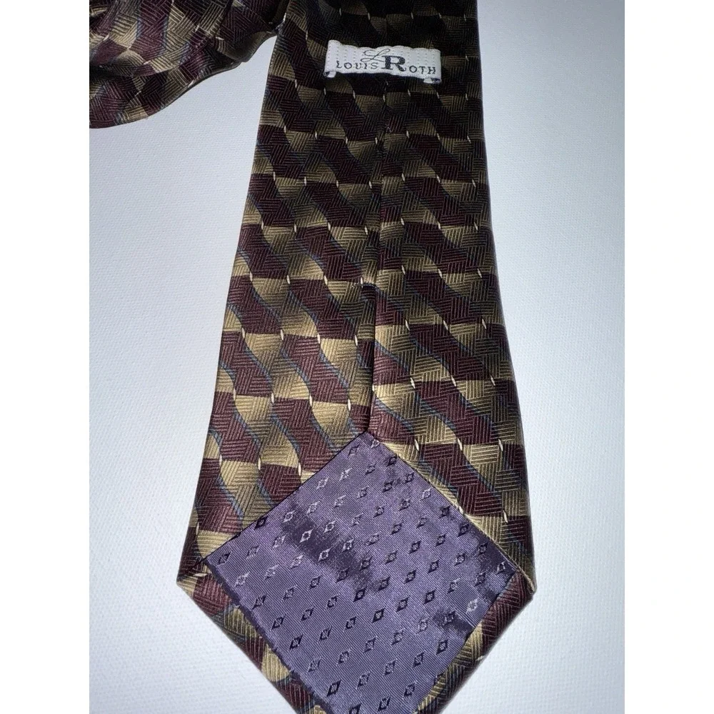 Louis Roth Men's Silk Tie Geometric Burgundy Gold Brown‎ Vintage Handmade Korea